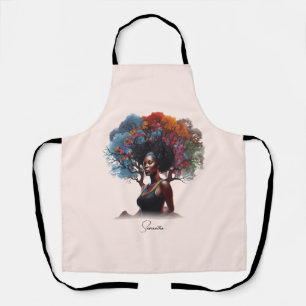 African-American Woman with Colorful Tree-Adorned Apron