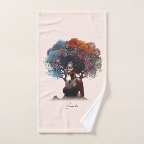 African_American Woman with Colorful Tree_Adorned  Bath Towel Set