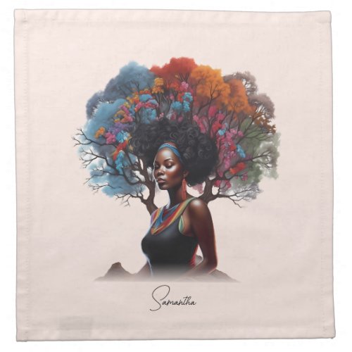 African_American Woman with Colorful Tree_Adorned  Cloth Napkin