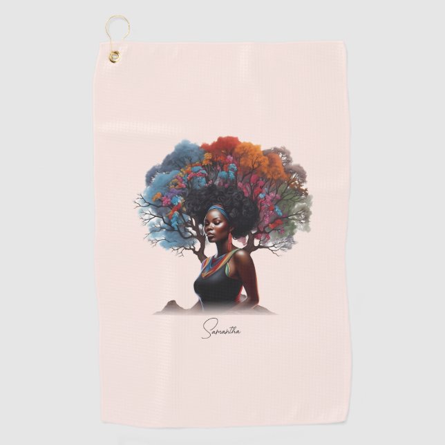 African-American Woman with Colorful Tree-Adorned  Golf Towel (Front)