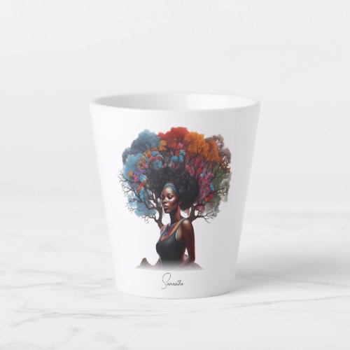 African_American Woman with Colorful Tree_Adorned  Latte Mug