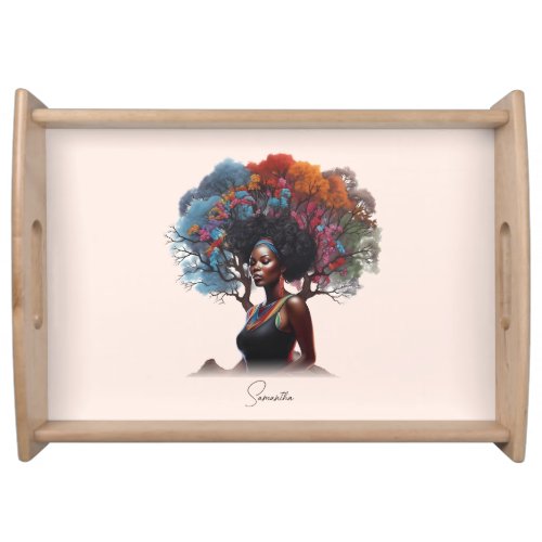 African_American Woman with Colorful Tree_Adorned  Serving Tray