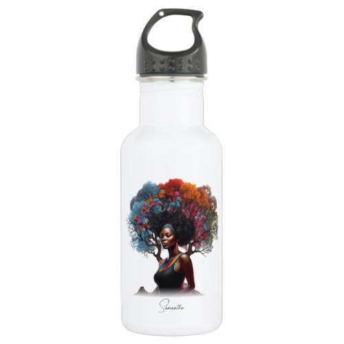 African_American Woman with Colorful Tree_Adorned  Stainless Steel Water Bottle