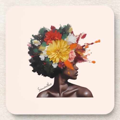 African_American Woman with Floral Afro Hair 2 Beverage Coaster