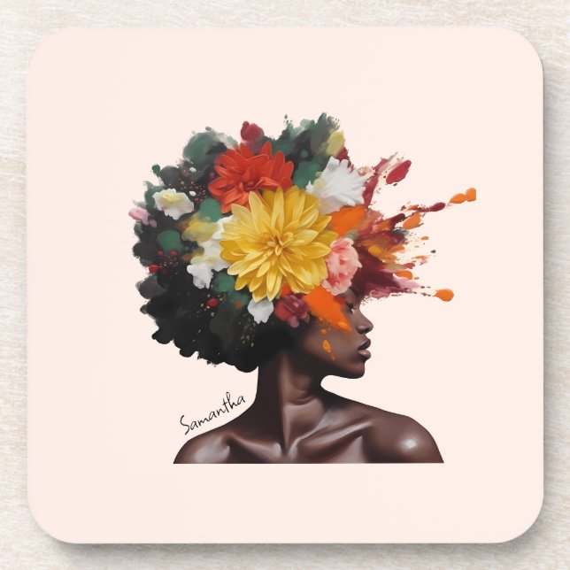 African-American Woman with Floral Afro Hair (2) Beverage Coaster (Front)