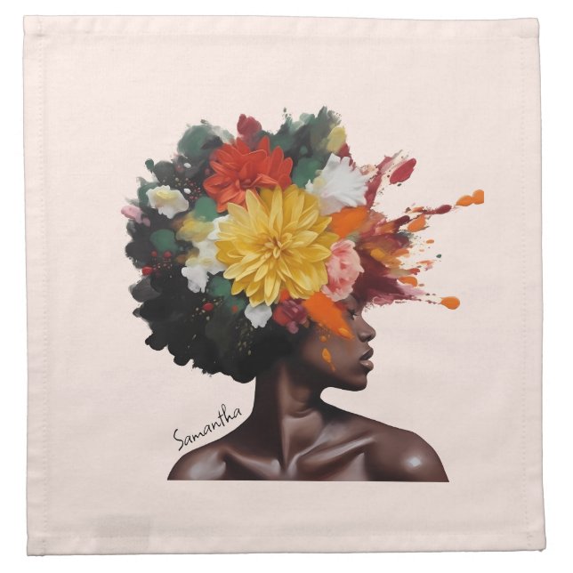 African-American Woman with Floral Afro Hair (2) Cloth Napkin (Front)