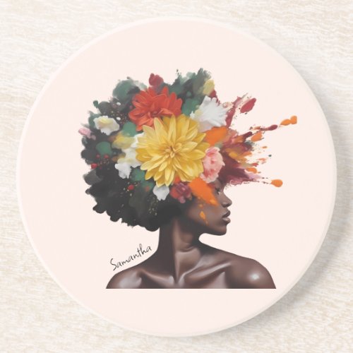 African_American Woman with Floral Afro Hair 2 Coaster