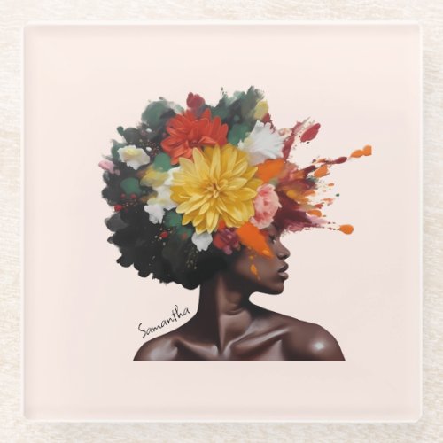 African_American Woman with Floral Afro Hair 2 Glass Coaster