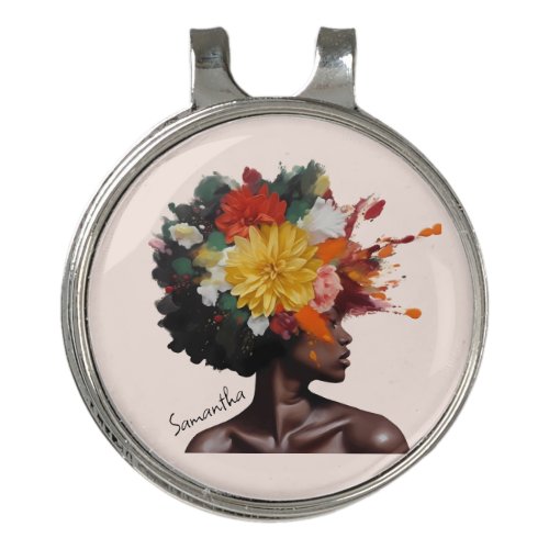 African_American Woman with Floral Afro Hair 2 Golf Hat Clip