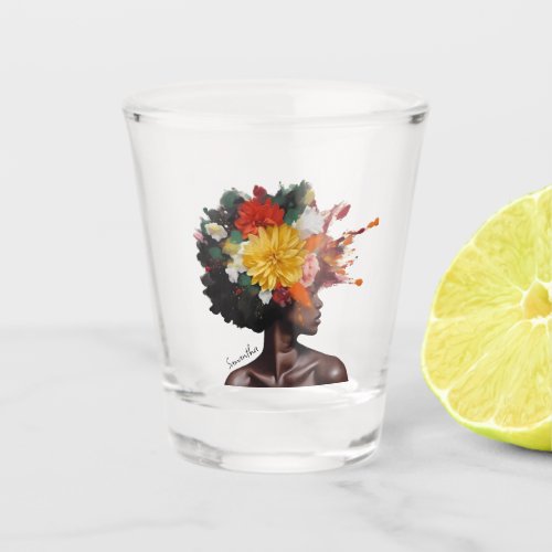 African_American Woman with Floral Afro Hair 2 Shot Glass