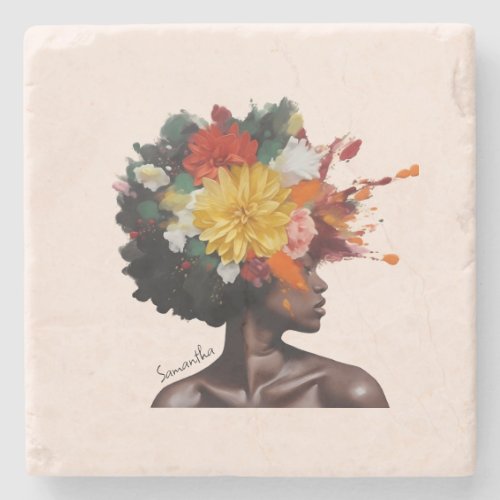 African_American Woman with Floral Afro Hair 2 Stone Coaster