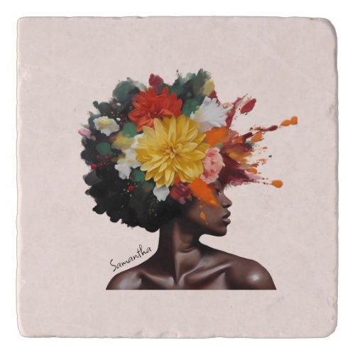 African_American Woman with Floral Afro Hair 2 Trivet