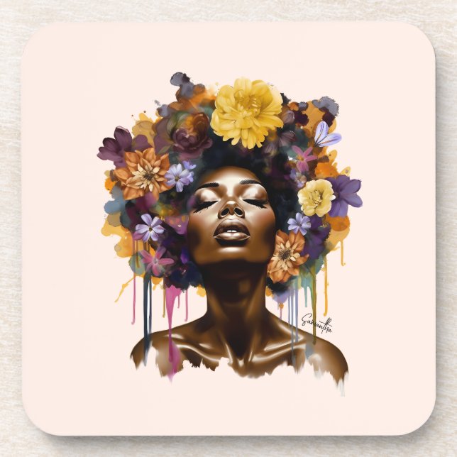 African-American Woman with Floral Afro Hair (3) Beverage Coaster (Front)