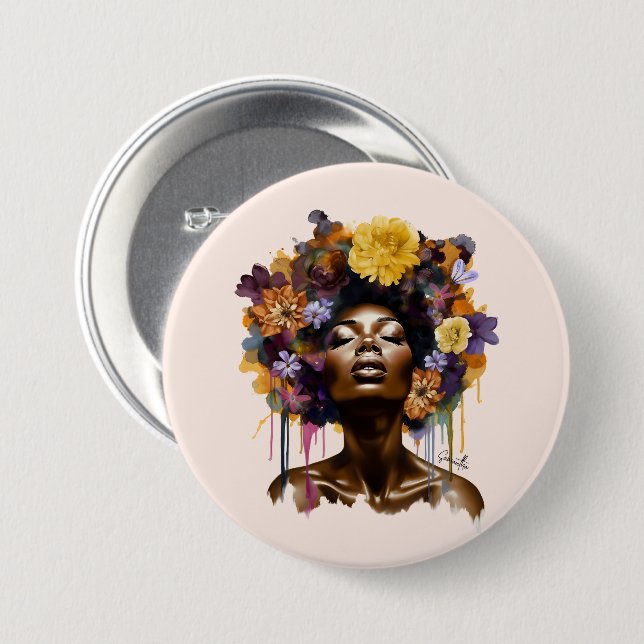 African-American Woman with Floral Afro Hair (3) Button (Front & Back)