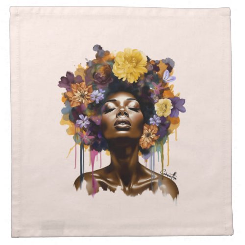 African_American Woman with Floral Afro Hair 3 Cloth Napkin