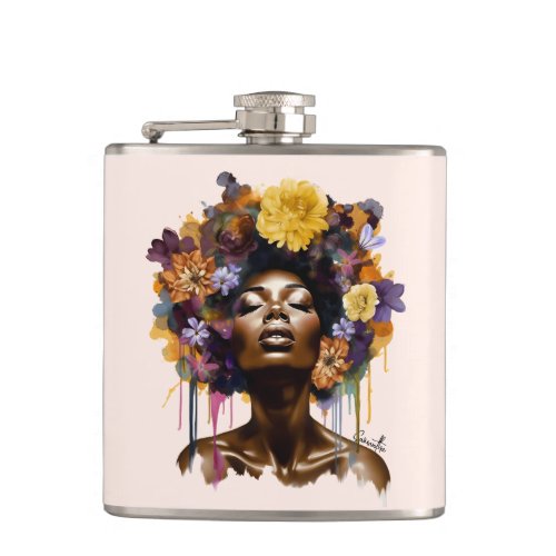 African_American Woman with Floral Afro Hair 3 Flask