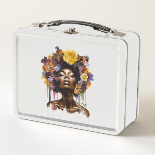 African_American Woman with Floral Afro Hair 3 Metal Lunch Box