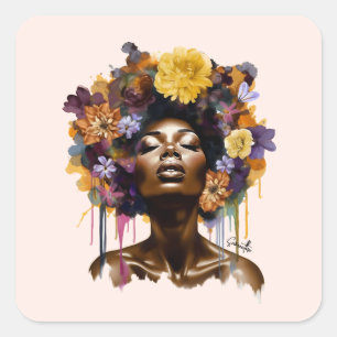 African-American Woman with Floral Afro Hair (3) Square Sticker