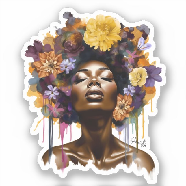 African-American Woman with Floral Afro Hair (3) Sticker (Front)