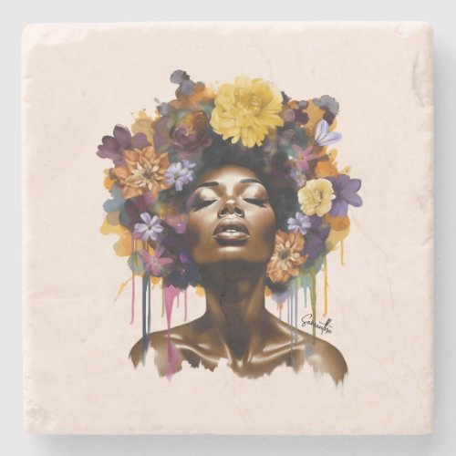 African_American Woman with Floral Afro Hair 3 Stone Coaster