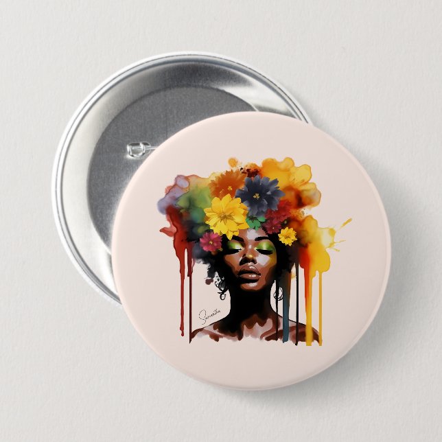 African-American Woman with Floral Afro Hair Button (Front & Back)