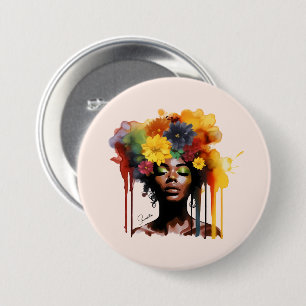 African-American Woman with Floral Afro Hair Button