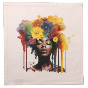 African-American Woman with Floral Afro Hair Cloth Napkin