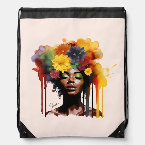 African_American Woman with Floral Afro Hair Drawstring Bag