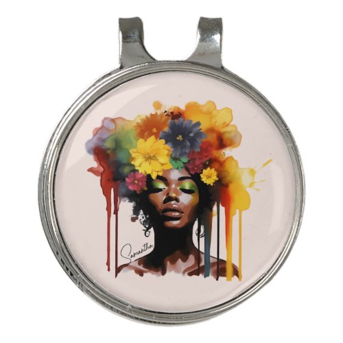 African_American Woman with Floral Afro Hair Golf Hat Clip