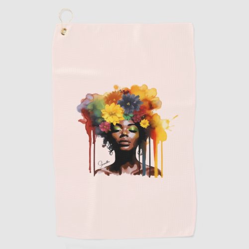 African_American Woman with Floral Afro Hair Golf Towel