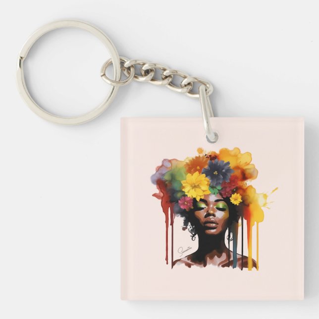 African-American Woman with Floral Afro Hair Keychain (Front)