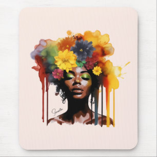 African-American Woman with Floral Afro Hair Mouse Pad