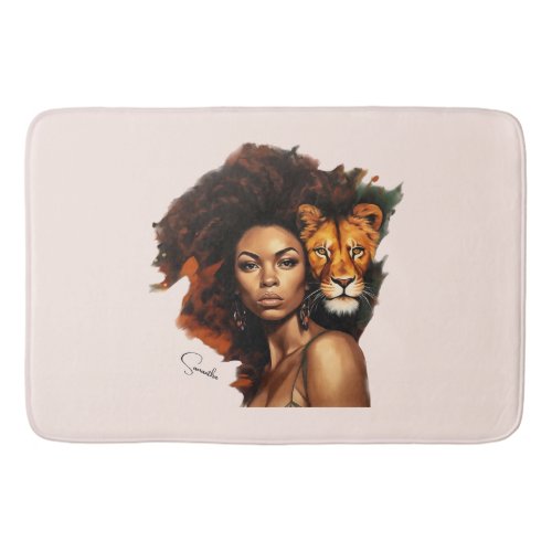African_American Woman with Majestic Lion Bath Mat