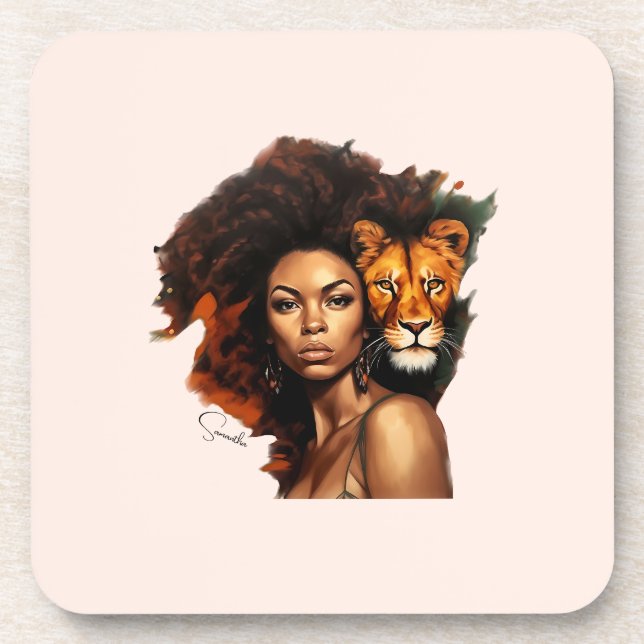 African-American Woman with Majestic Lion Beverage Coaster (Front)
