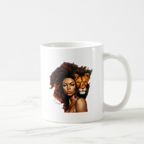 African_American Woman with Majestic Lion Coffee Mug