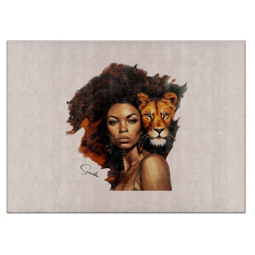 African_American Woman with Majestic Lion Cutting Board