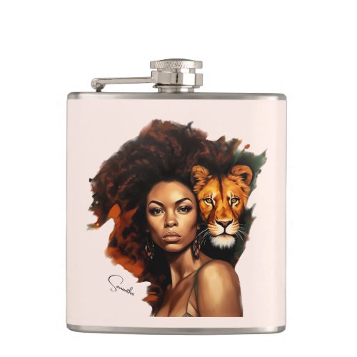 African_American Woman with Majestic Lion Flask