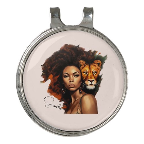 African_American Woman with Majestic Lion Golf Hat Clip