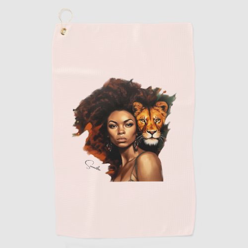 African_American Woman with Majestic Lion Golf Towel