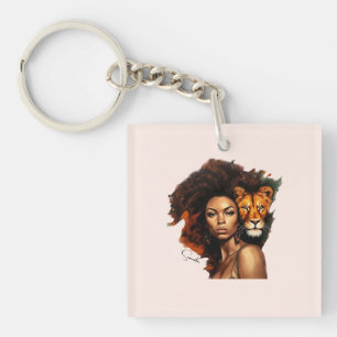 African-American Woman with Majestic Lion Keychain