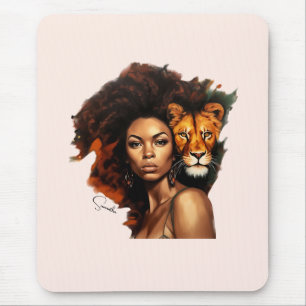 African-American Woman with Majestic Lion Mouse Pad