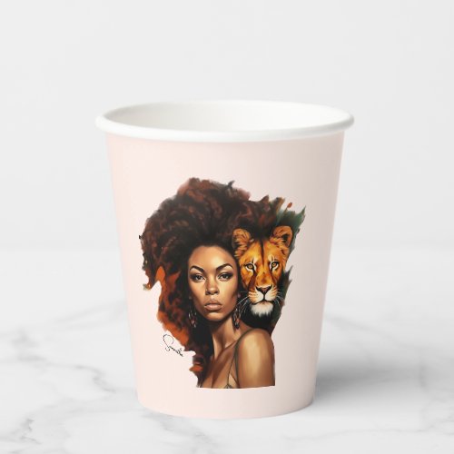 African_American Woman with Majestic Lion Paper Cups