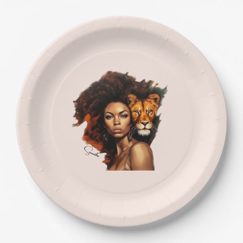 African_American Woman with Majestic Lion Paper Plates