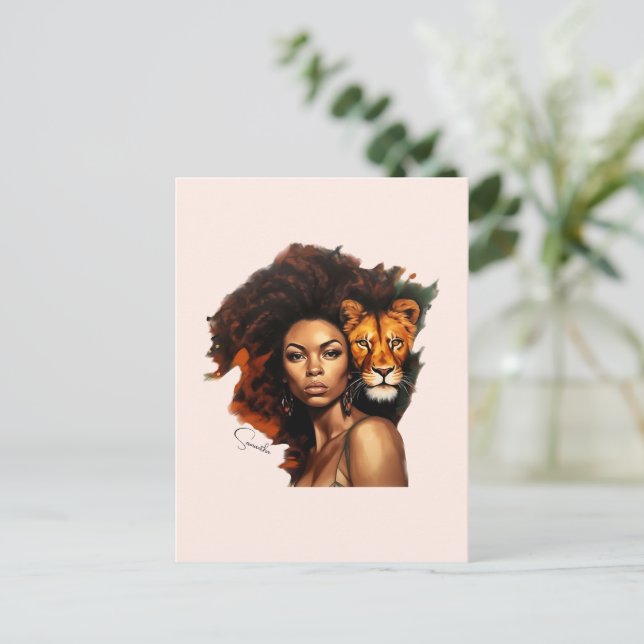 African-American Woman with Majestic Lion Postcard (Standing Front)