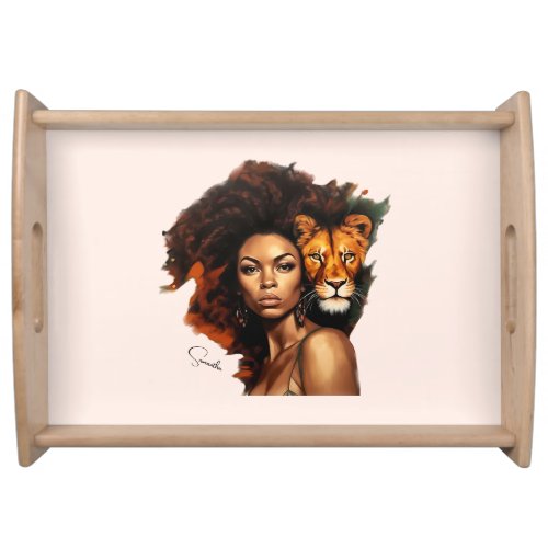 African_American Woman with Majestic Lion Serving Tray