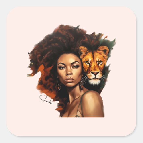 African_American Woman with Majestic Lion Square Sticker