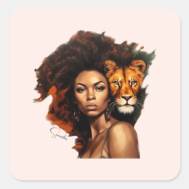 African-American Woman with Majestic Lion Square Sticker (Front)