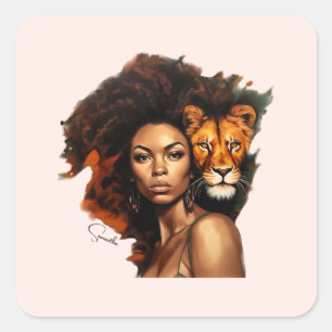 African-American Woman with Majestic Lion Square Sticker
