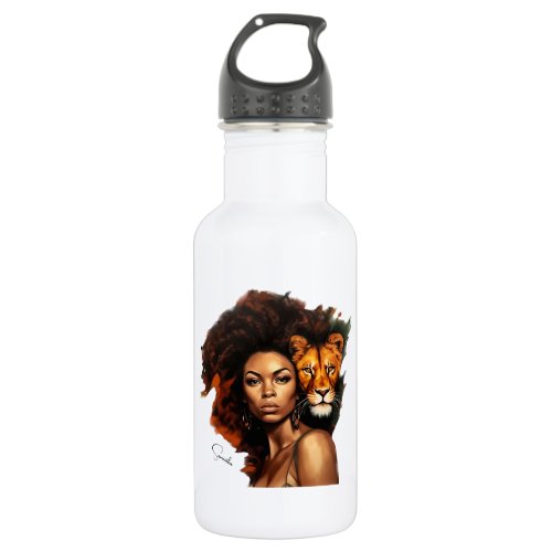 African_American Woman with Majestic Lion Stainless Steel Water Bottle