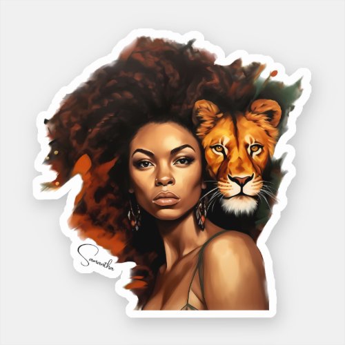African_American Woman with Majestic Lion Sticker